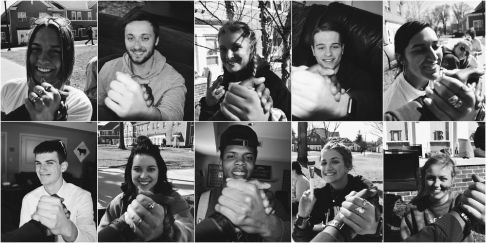 Contact sheet of ten black-and-white Embrace Series portraits, each subject clasping the photographer's hand.